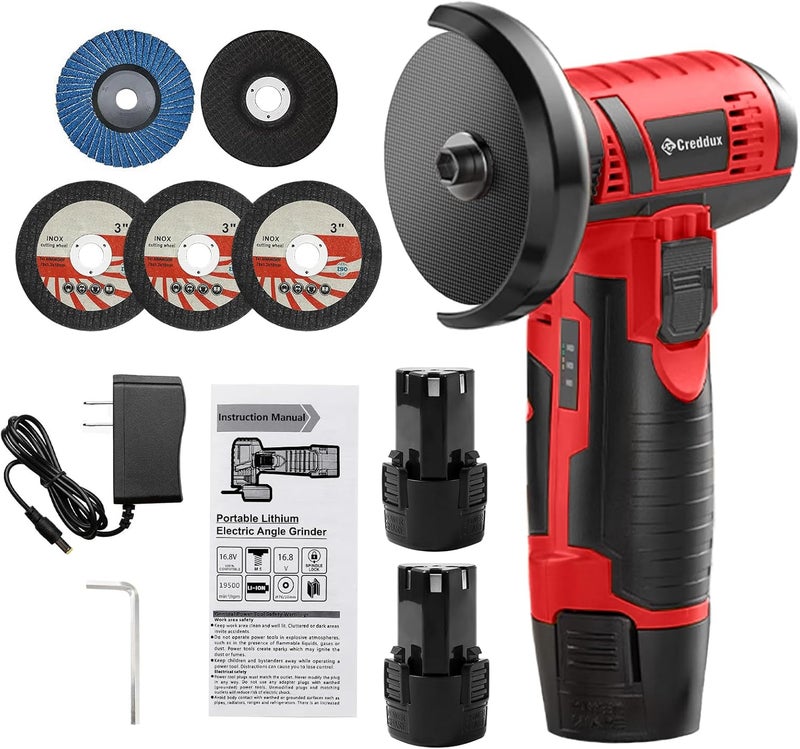 Creddux Cordless Angle Grinder, 3 Inch Mini Angle Grinder Tool With 2pcs 16.8V 2000mAh Batteries and 5 Grinding Wheel,19500rpm Metal Grinders for Cutting, Grinding and Polishing Red - Image 1